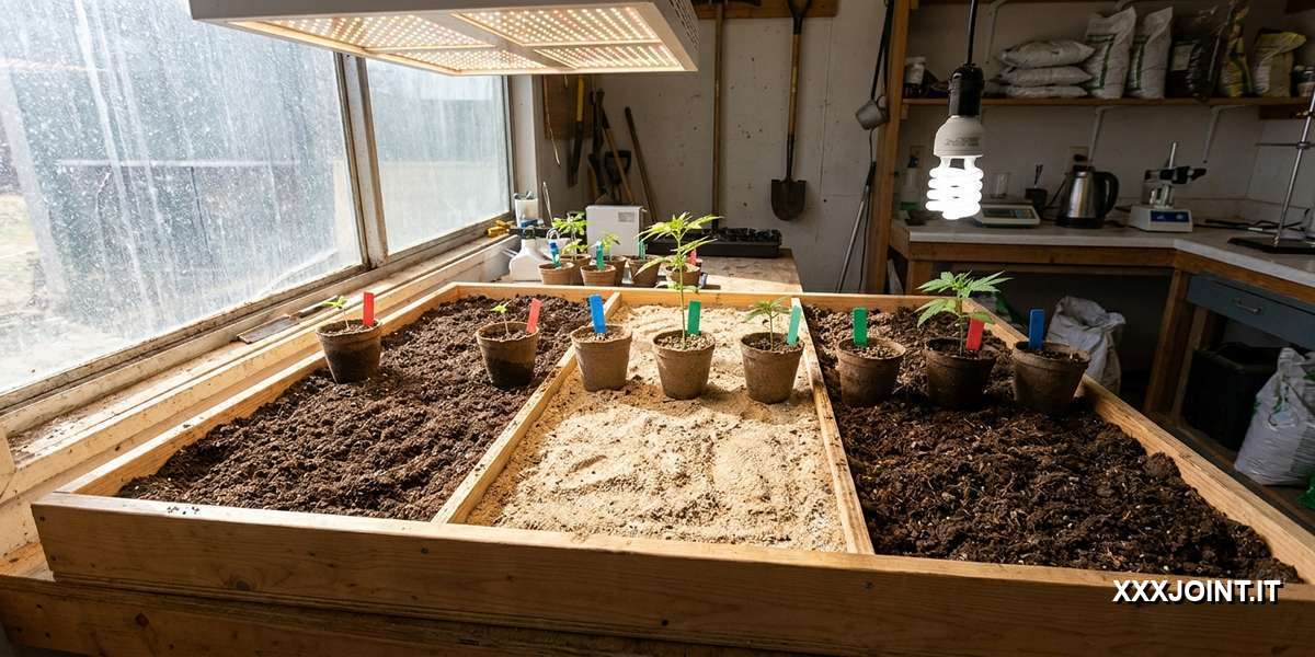 Vassoio con diversi terreni e luci per coltivazione cannabis.