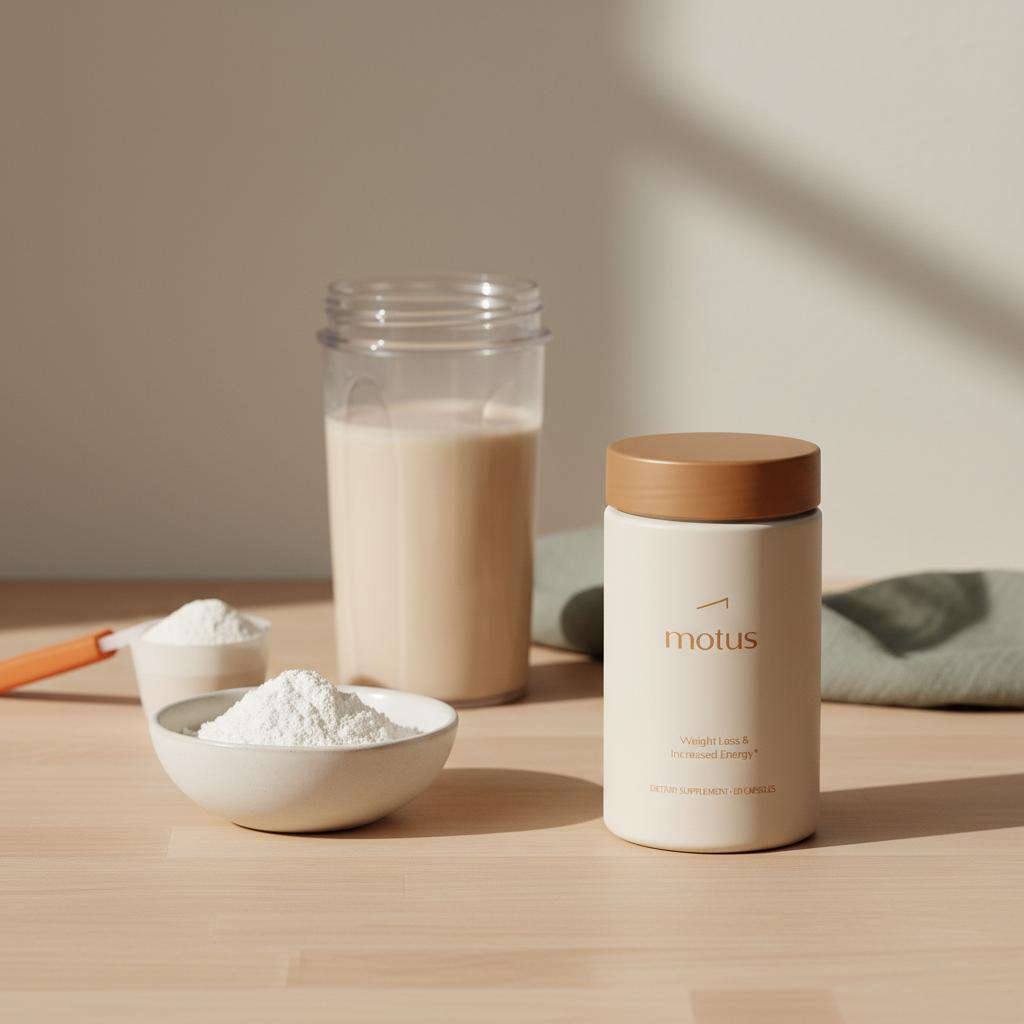 Minimalist kitchen scene with Motus supplement, whey powder bowl and clear shaker illustrating what type of whey protein is best for weight loss