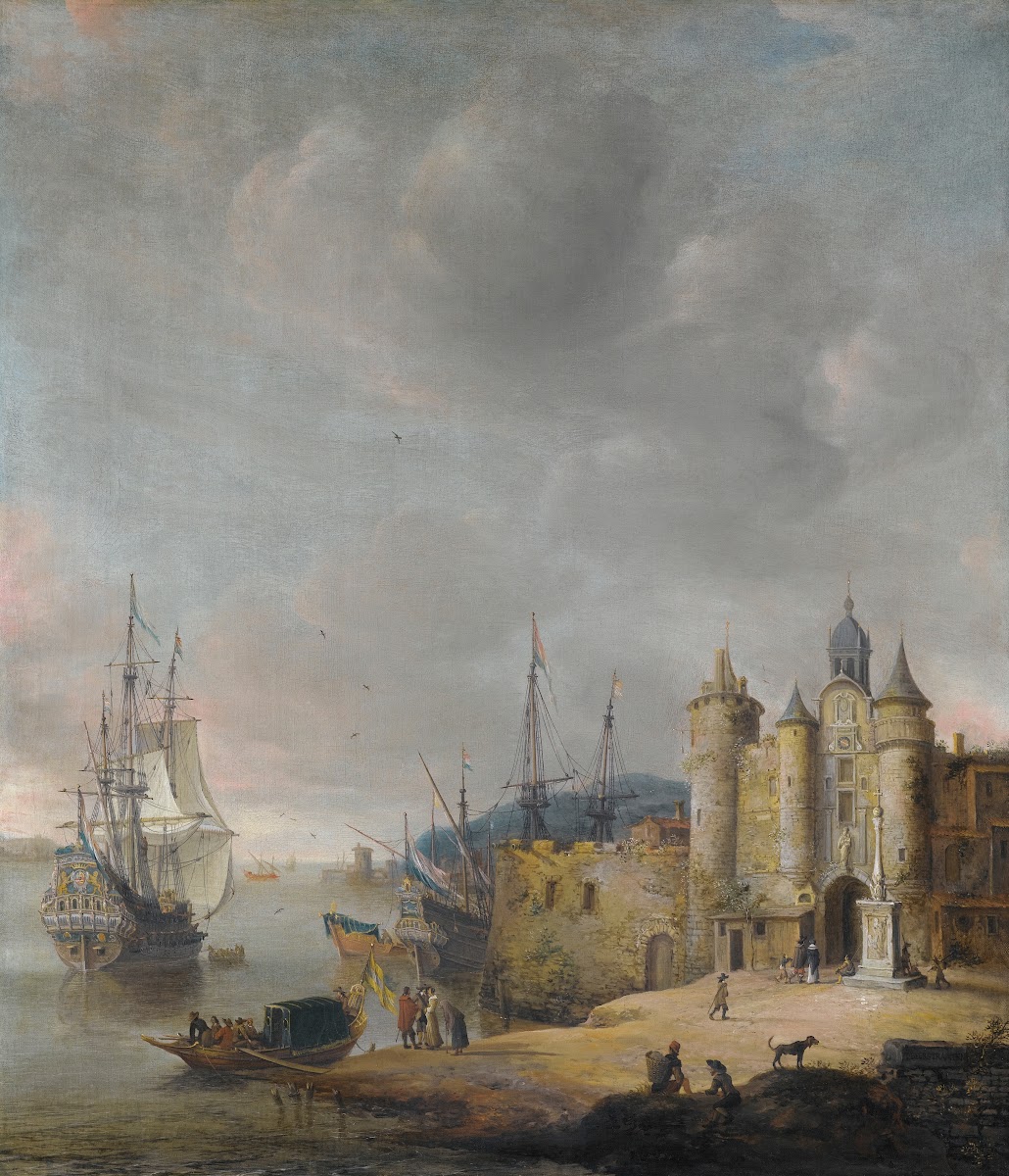 A Harbour Scene With A Man Of War And Other Shipping Figures Conversing On The S