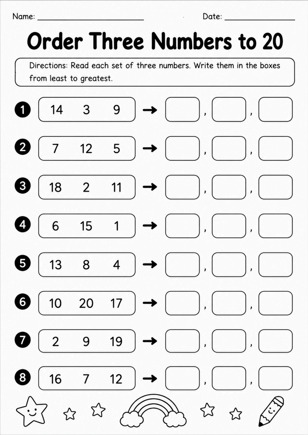 Order Three Numbers to 20 Worksheet