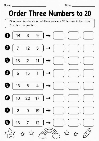 Order Three Numbers to 20 Worksheet