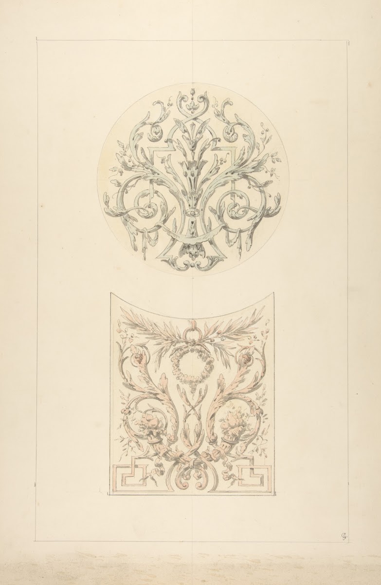 Two designs for decorative motifs featuring cornucopia and rinceaux 183097