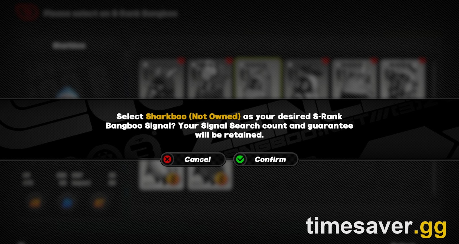 The Zenless Zone Zero Bangboo Channel confirmation dialog stating that selecting a target S-Rank Bangboo retains your Signal Search count and guarantee