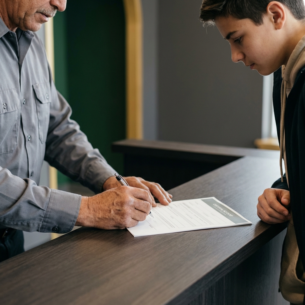Close up of a custodian signing a custodial account form with a teenager nearby showing how to start investing as a teenager in a minimalist Finance Police color office