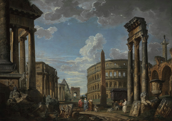 An architectural capriccio with figures among Roman ruins