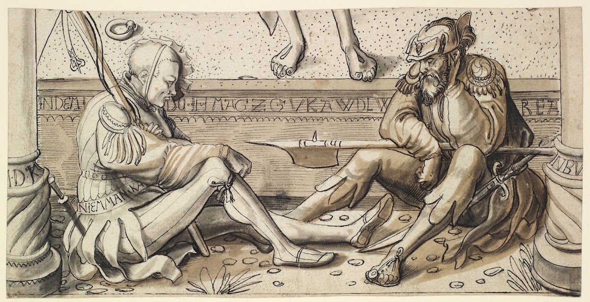 Fragment eines Scheibenrisses mit zwei Grabwächtern 1515