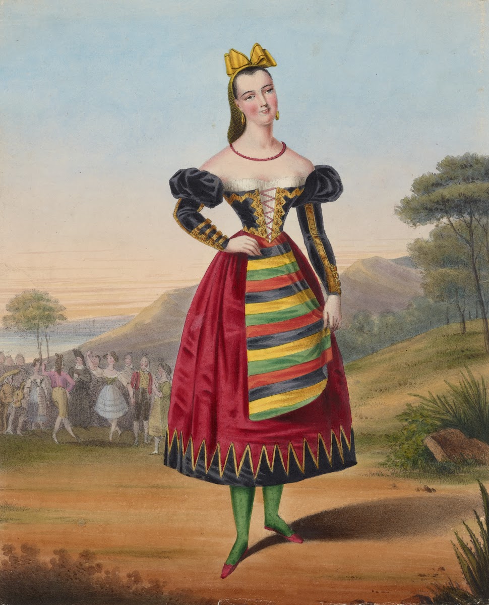 Woman in Catalan costume with dancers in background at left