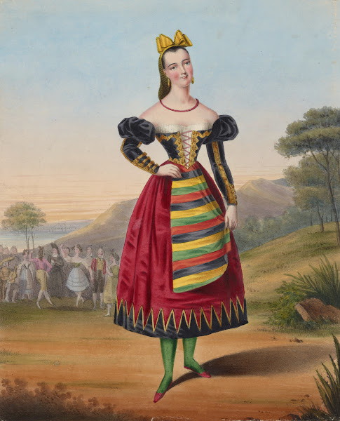 Woman in Catalan costume with dancers in background at left