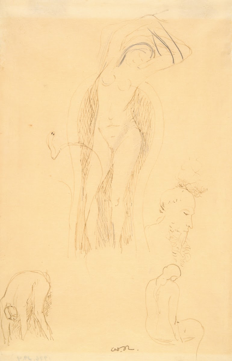 Sheet of studies Nu et Profil Barbu or Feuille dEtudes avec NuFeminin