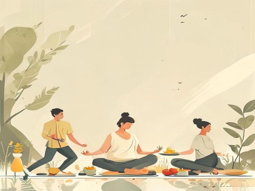 건강한 식사를 준비하고, 야외에서 걷고, 명상하는 등 다양한 건강 활동을 하는 사람을 묘사한 일러스트. 균형 잡힌 생활 습관의 중요성을 나타냄.
