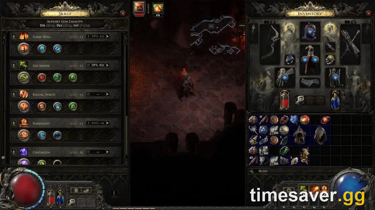 PoE2 Skills panel — each skill gem's support gem sockets, the slots a Perfect Jeweller's Orb maxes to five