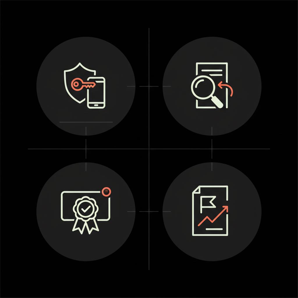 2D vector infographic for unban my TikTok account article: four icons (two-factor, content review, licensing, reporting) in Social Success Hub palette.