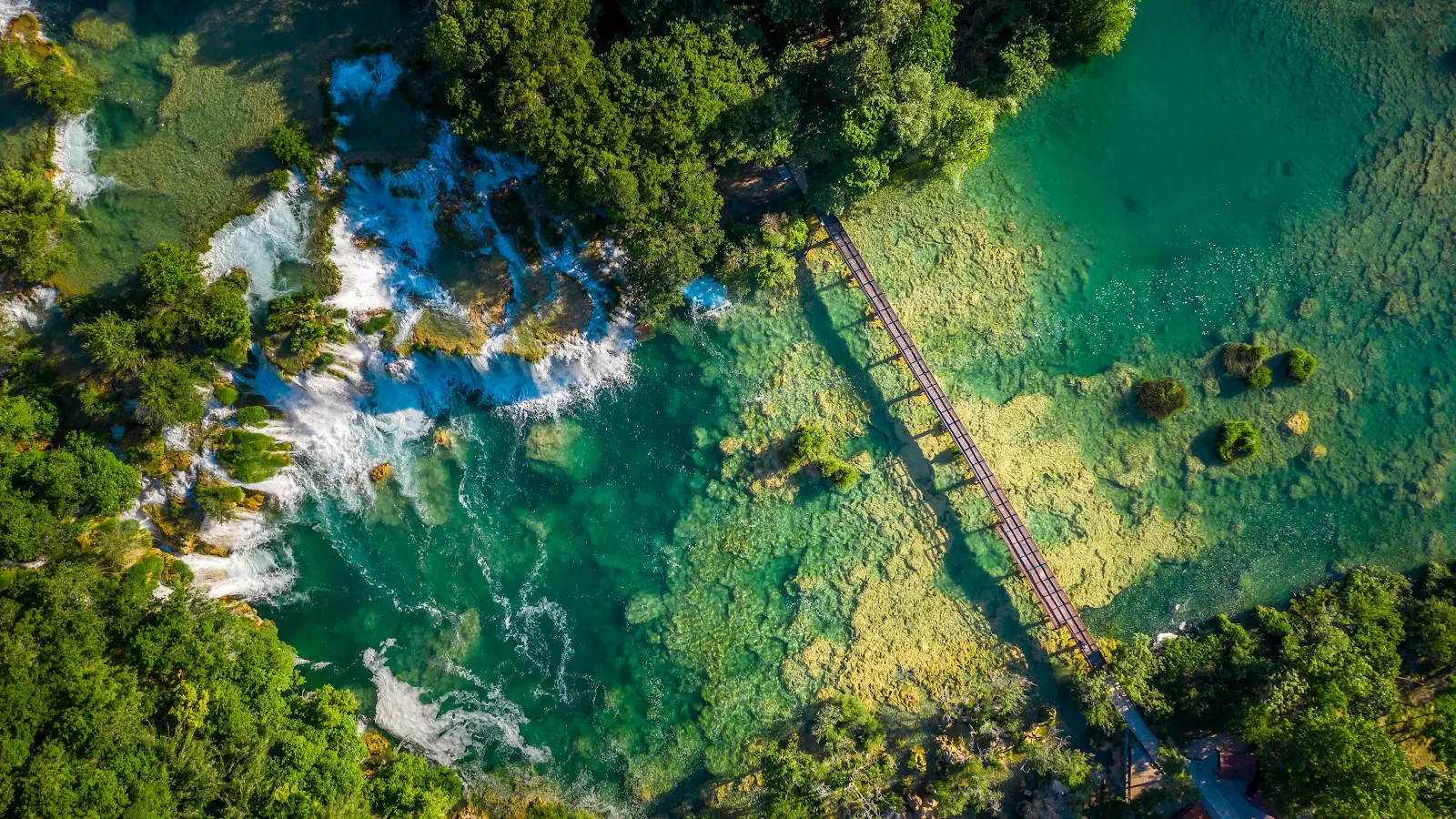 Turquoise Waterfalls and Wooden Bridge - Aerial Photography 4K Wallpaper (3840x2160)