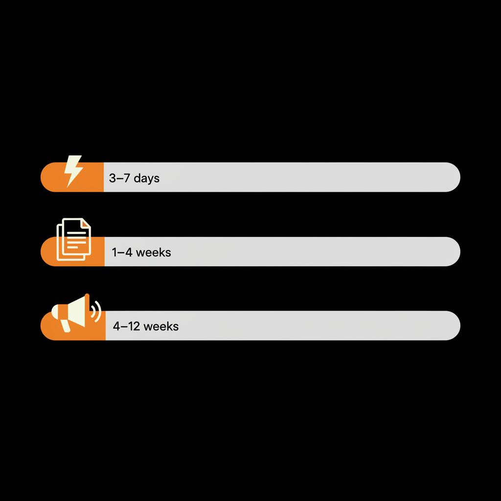 Minimal 2D vector timeline infographic showing three duration bars (3–7 days, 1–4 weeks, 4–12 weeks) with speed, documents, and media icons in Social Success Hub palette, meta verified on Instagram