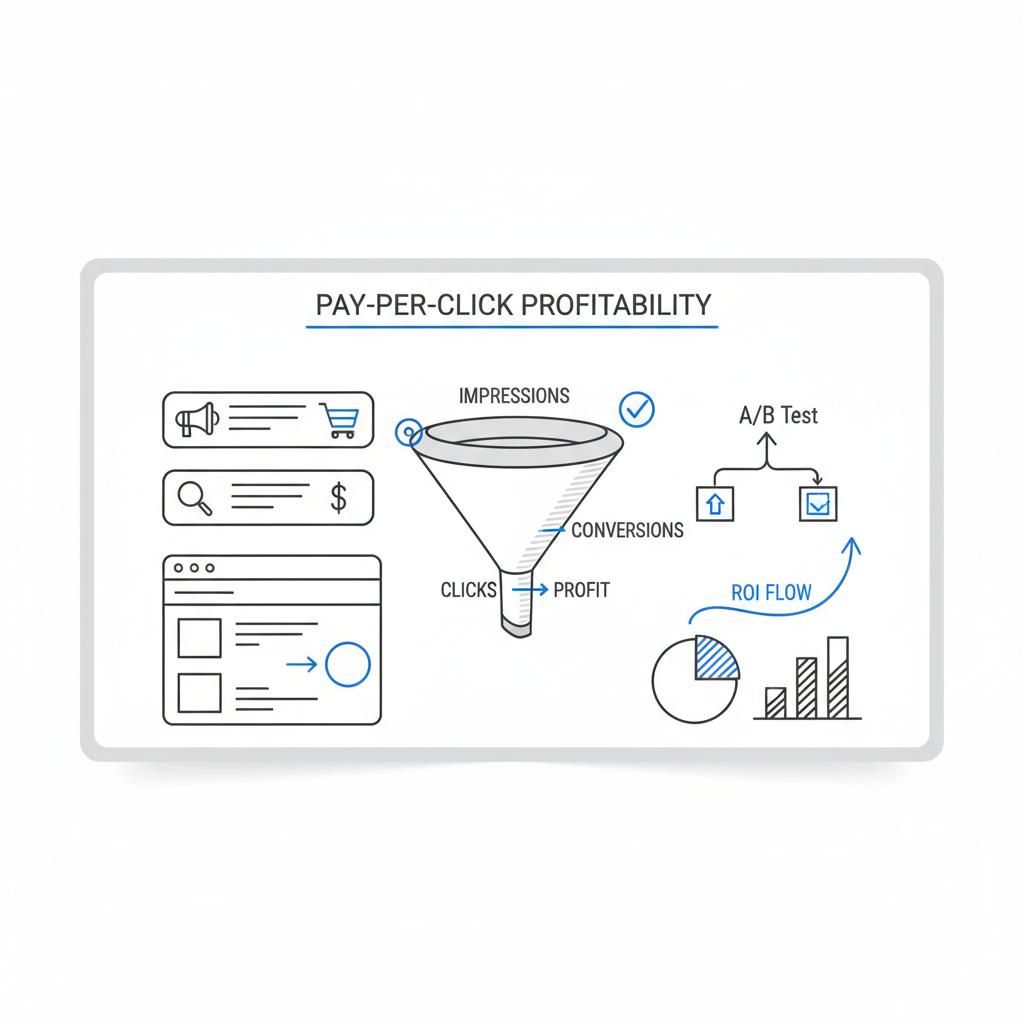 Minimal vector flatlay of notebook-style sketches showing ad creative variations, landing page wireframes, conversion funnel and budget diagrams for "Is pay-per-click profitable"