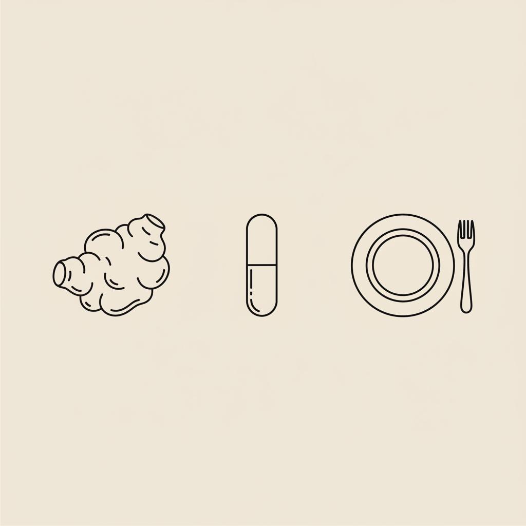 Minimalist vector line illustration of a konjac root, capsule, and plate with fork on beige background representing a caffeine free fat burner