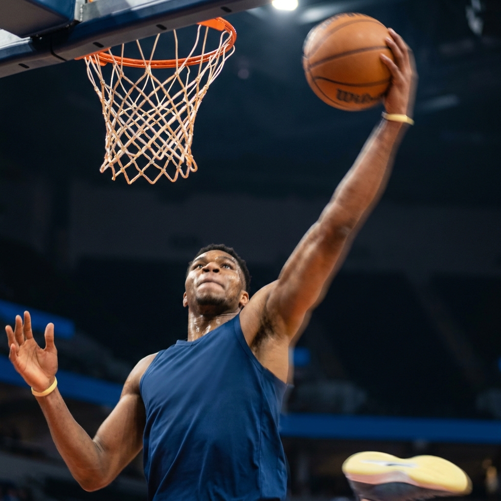 Close up action photo of a professional basketball forward finishing at the rim with shallow depth of field and dynamic motion blur bucks cavs prediction
