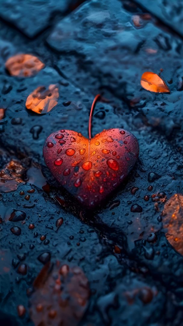 Glistening Heart-Shaped Leaf on Wet Stone at Dusk