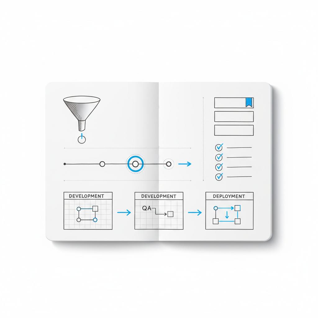 Overhead vector sketchbook page showing flow diagrams, funnel, timeline, and prioritized feature list for a website launch &mdash; concept for 'How much does it cost to hire an agency to build a website?'