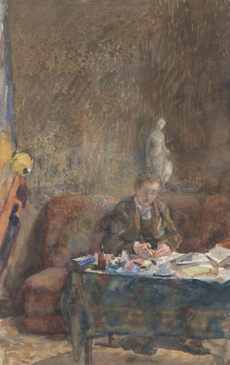 Interieur met schrijvende man op sofa achter tafel 1874   1918