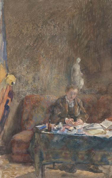 Interieur met schrijvende man op sofa achter tafel 1874   1918