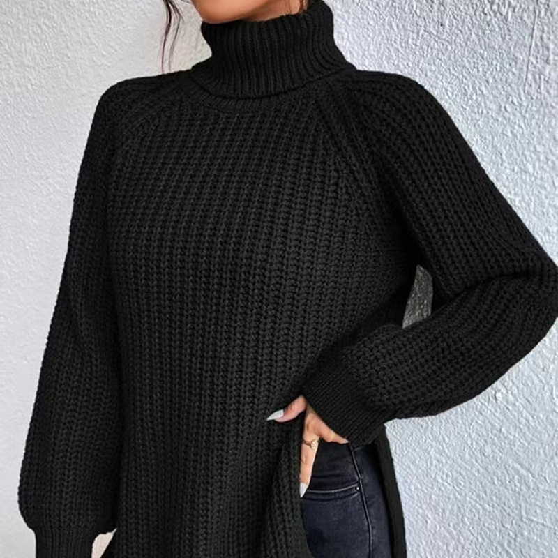Damen-Strickpullover, mittellang mit hohem Kragen