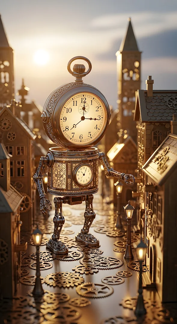 Steampunk Clockwork Robot in Miniature Gear Cityscape