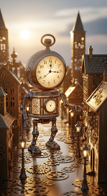 Steampunk Clockwork Robot in Miniature Gear Cityscape - Free mobile Wallpaper