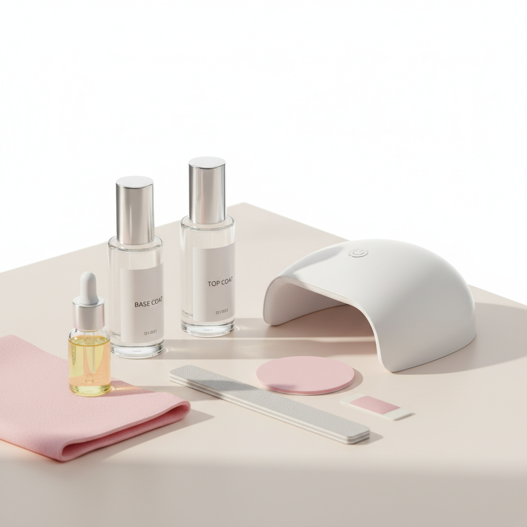 Nahaufnahme eines GellyNails-Kits auf beigem Untergrund mit Base- &amp; Topcoat, kompakter UV-Lampe, Feile und Nagelöl in minimalistischer NailX-Ästhetik, Gelnägel vs Acrylnägel