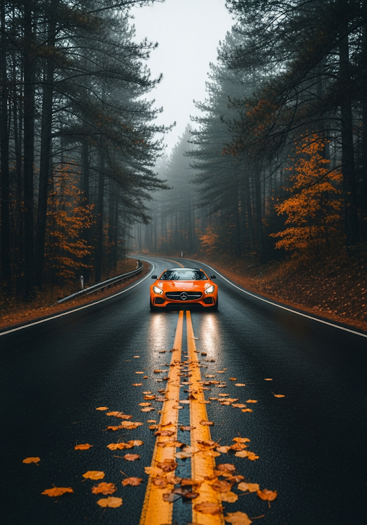 Orange Car Misty Autumn Road