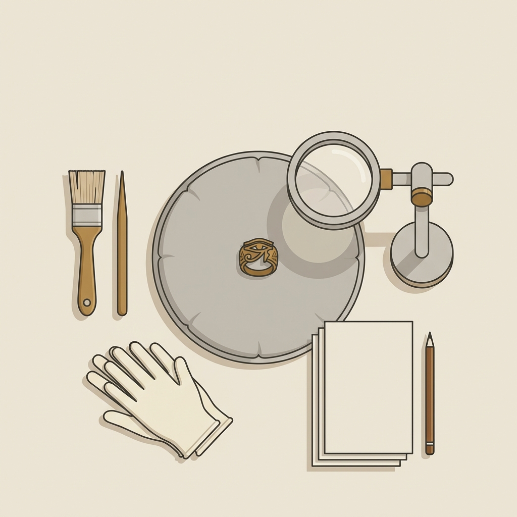 Minimalist 2D vector of a conservator workspace with an eye of ra ring on a padded cloth magnifier soft brushes cotton gloves and blank conservation sheets in Aurora Antiqua color palette