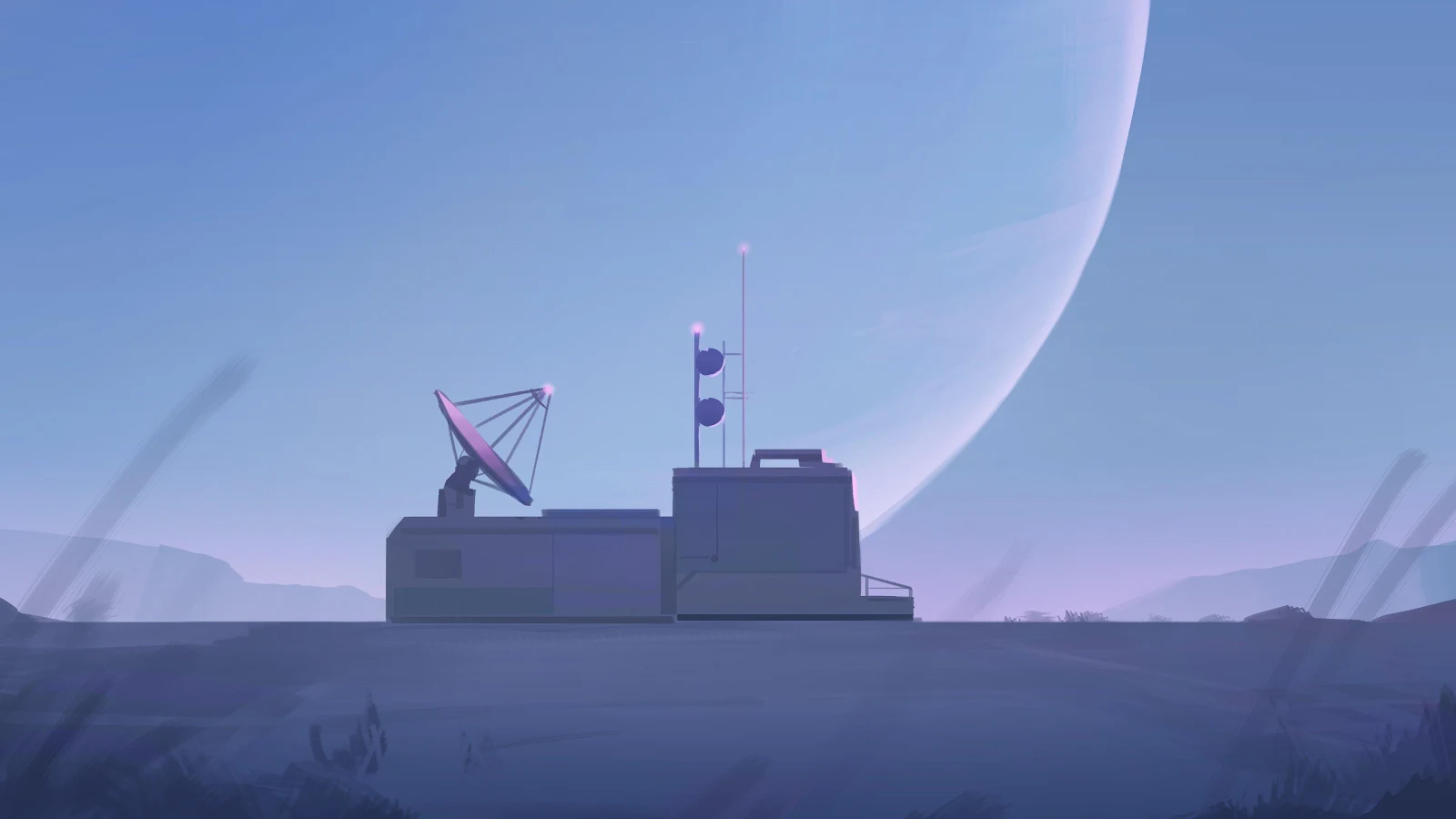 Sci-Fi Outpost Under Alien Sky - Minimalist Digital Art 4K Wallpaper (3840x2160)