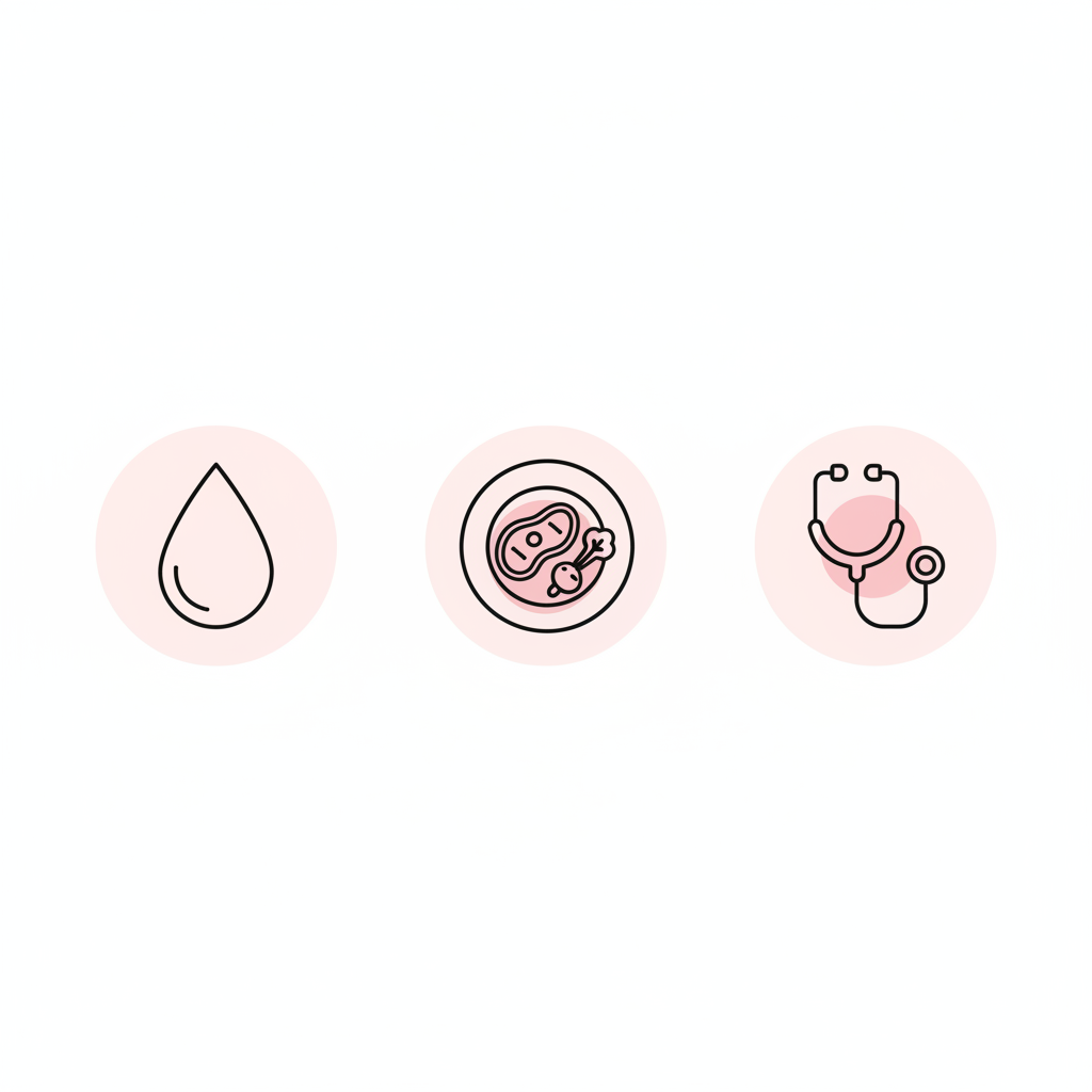Minimalistische 2D-Vektor-Infografik für brüchige Nägel mit drei Icons: Öl-Tropfen, Teller mit Protein und Gemüse, Stethoskop auf weißem Hintergrund