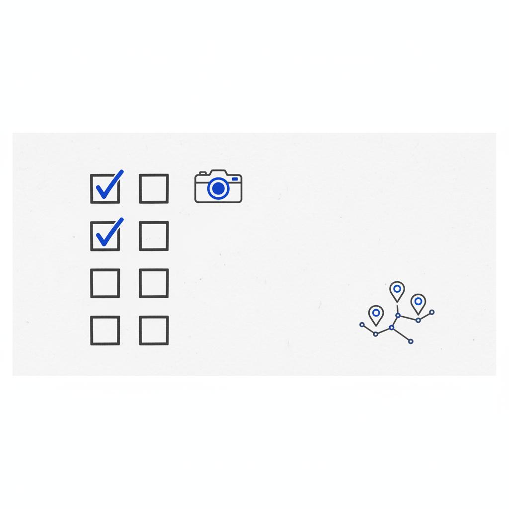 Minimalist 2D vector checklist sketch for Nextdoor for small businesses showing tick boxes, a small camera icon for before/after proof and a tiny neighborhood map on white background