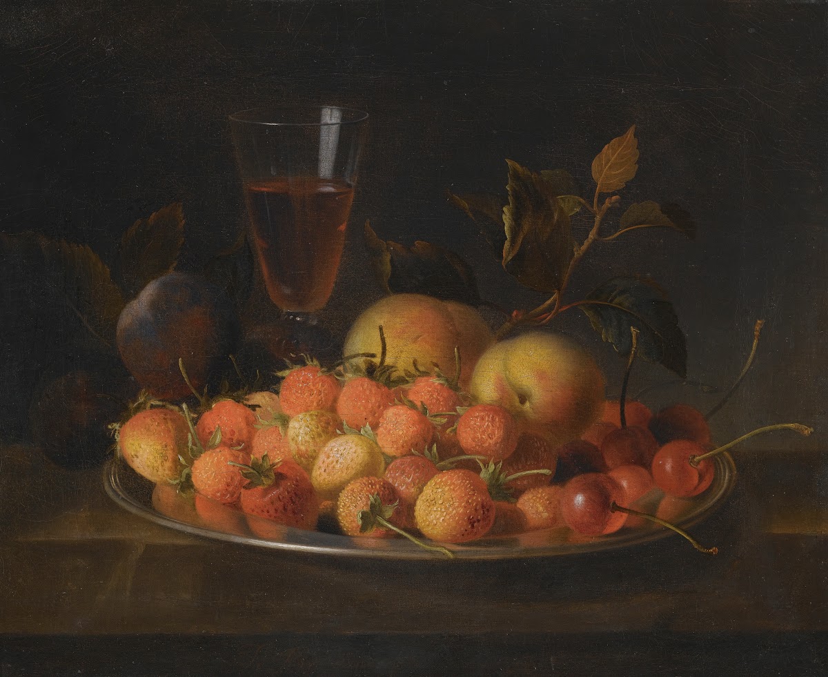 Still Life Of Strawberries Cherries And Peaches On A Silver Dish