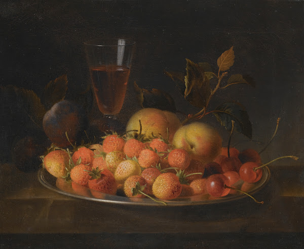 Still Life Of Strawberries Cherries And Peaches On A Silver Dish