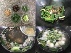 Hẹ, cần tây, hành boa rô rửa sạch, cắt khúc. Nấm hương ngâm nở thái lát, tôm khô ngâm mềm. Đun nóng một ít dầu ăn trong chảo, cho tỏi, hẹ, nấm, tôm khô, cần tây vào xào chín sau đó đổ 1180ml nước vào đun sôi khoảng 10 phút. Nêm thêm 1 muỗng cà phê muối và hạt tiêu cho đậm đà rồi trút bánh trôi đã luộc vào đun sôi trở lại là xong.
