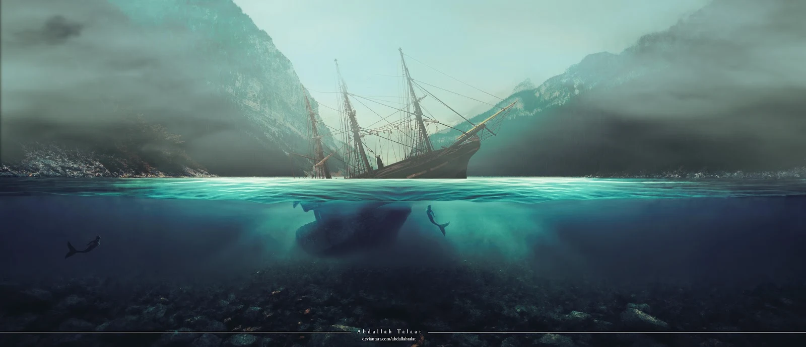 Sunken Ship In Misty Mountains - Digital Art 5K Wallpaper (8760x3776)