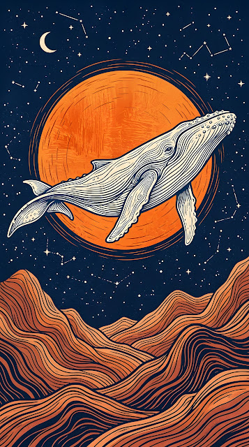 Cosmic Whale Flying over Abstract Wavy Mountains with Giant Sun - Free mobile Wallpaper