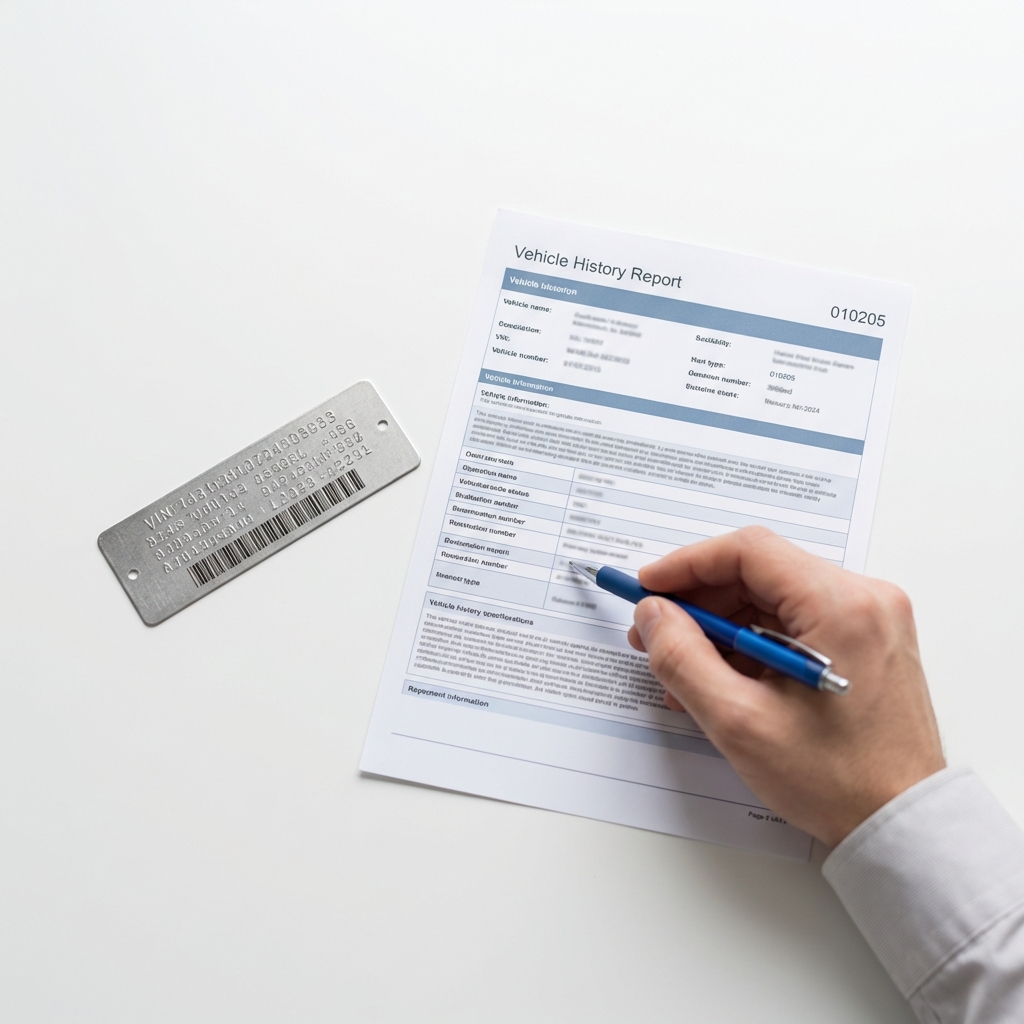 Close up of VIN plate and printed vehicle history report on a white table with blue pen accent showing a buyer reviewing documents ford explorer for sale near me