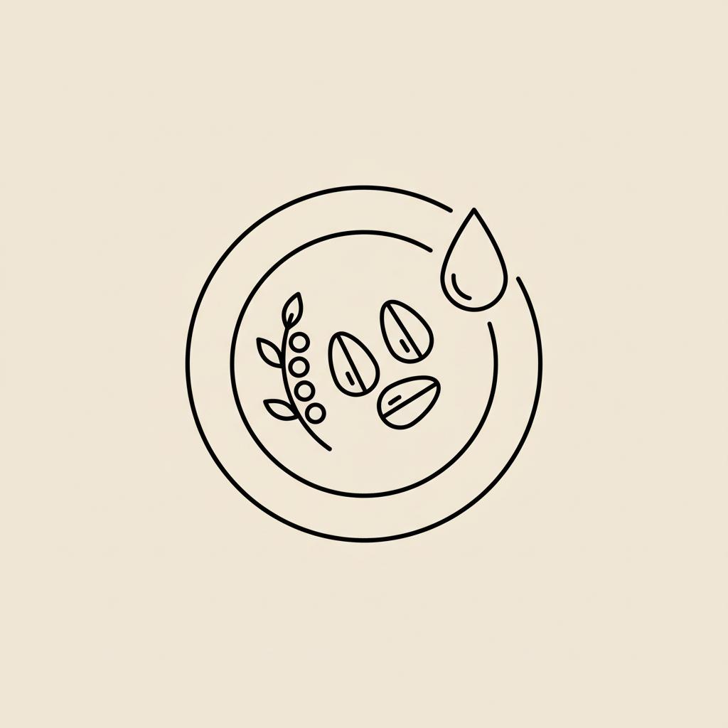 Tonum-style minimalist line illustration of a plate with whole grain, a sprig of legumes, and a water droplet on a flat beige background symbolizing fiber