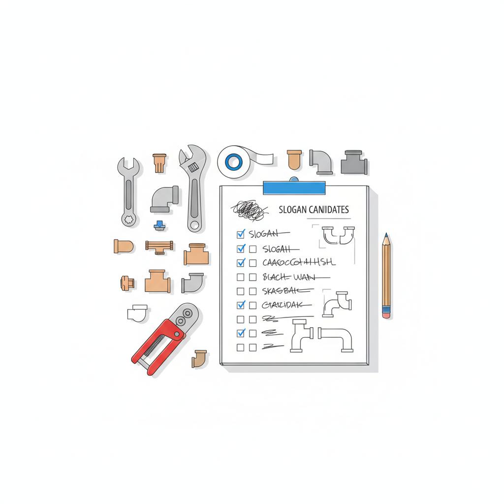 2D vector flat-lay of workshop tools and an open notepad with illegible slogan sketches and checkboxes, minimalist Agency Visible style, plumbing slogan concept.