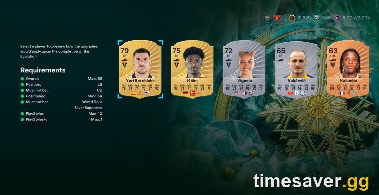 EA FC 26 Evolution requirements preview screen showing overall, position and PlayStyles+ caps