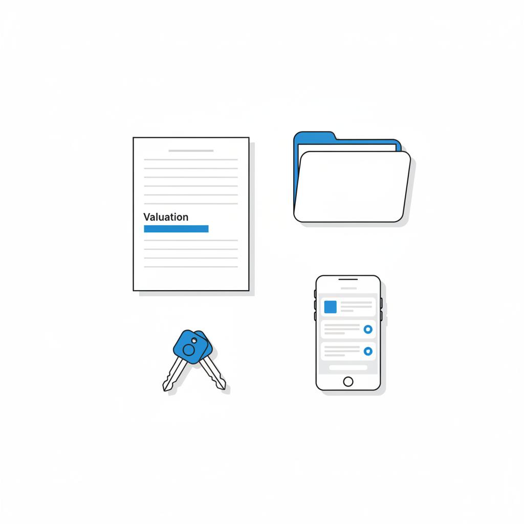 Minimalist overhead 2D vector showing keys folder smartphone and a printed form with a highlighted trade in bar representing a NADA car value lookup on a white background