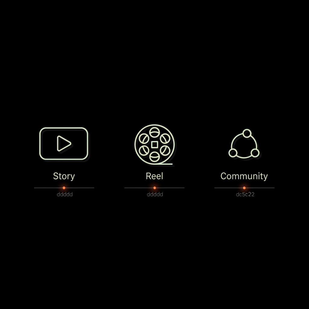Minimal infographic on black background with three vector icons (story, reel, community), #dc5c2b accents and #edf1e9 labels — verified Instagram accounts