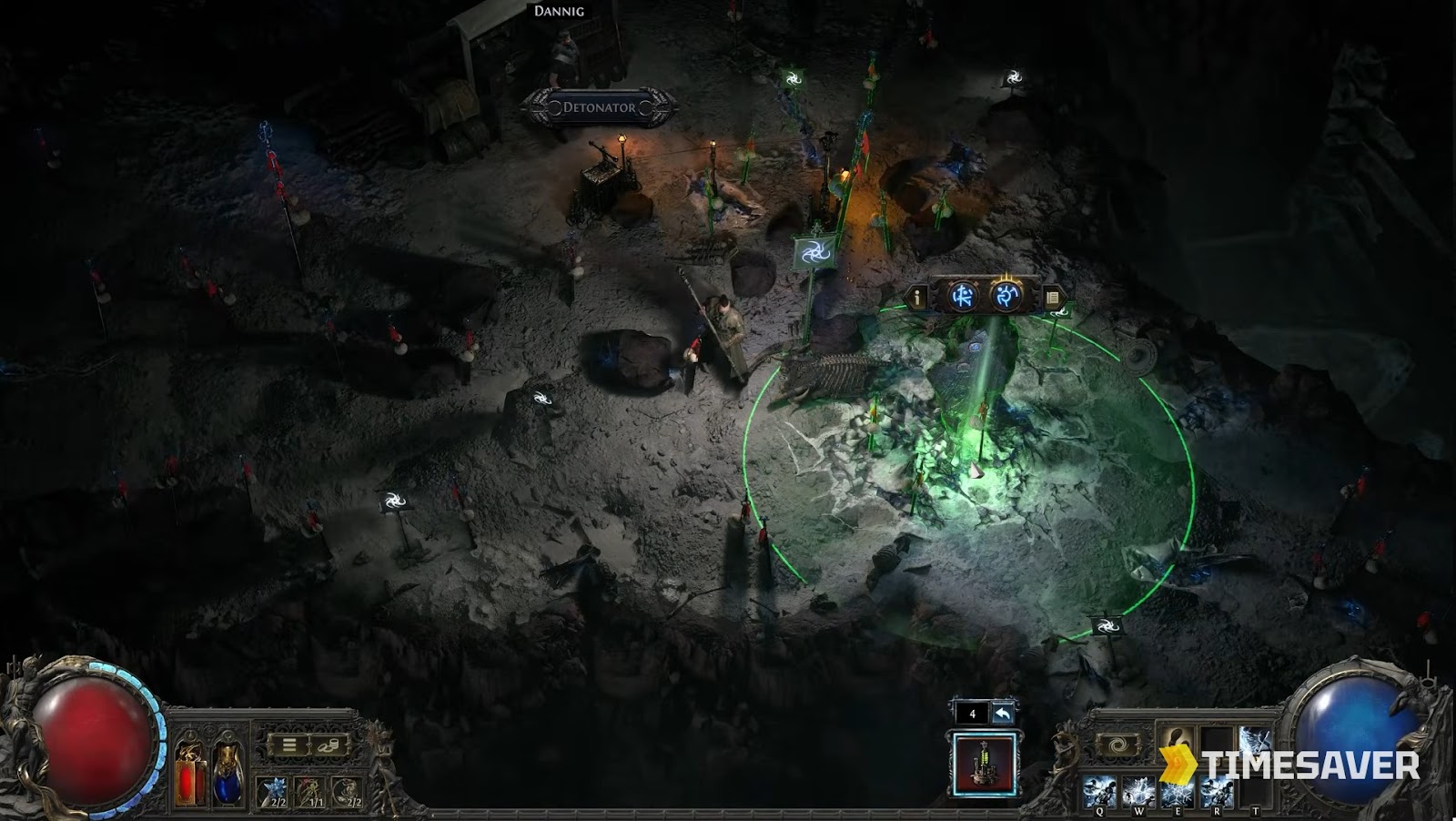 An Expedition encounter with Dannig and the explosive chain in Path of Exile 2 Runes of Aldur, where Ezomyte Remnants drop Verisium