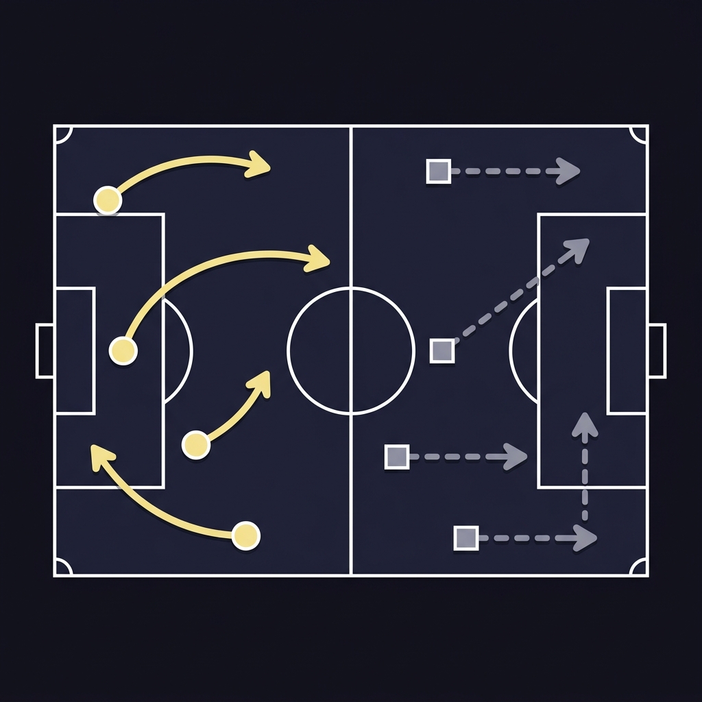 Minimalist 2D vector top down soccer pitch showing two color coded tactical scenarios with geometric markers and arrows in Funded Plays brand colors benfica prediction