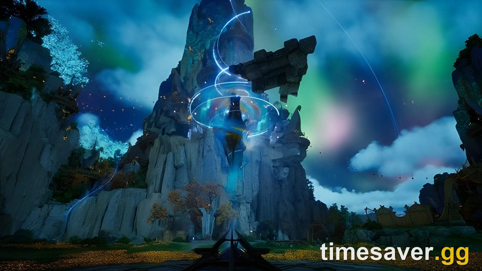 AION 2 aurora-lit region with a rift beam — the open world your roster explores