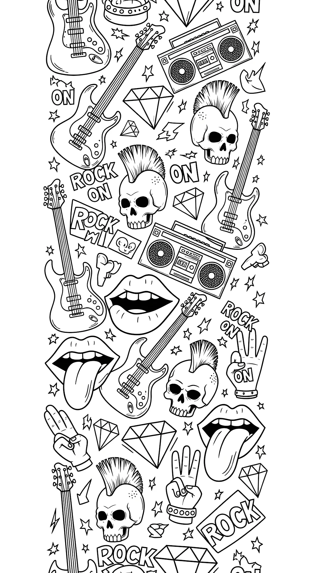 Seamless Pattern of Rockabilly and Punk Doodles in Black and White Outline - Free 4K mobile Wallpaper