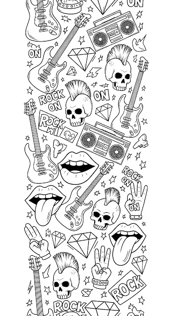 Seamless Pattern of Rockabilly and Punk Doodles in Black and White Outline - Free mobile Wallpaper